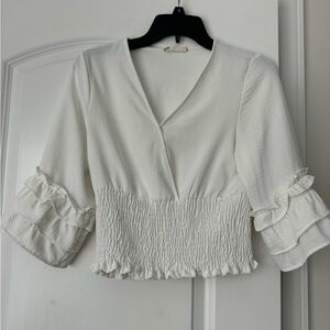 Altar'd State White Smocked Bell Sleeve Blouse